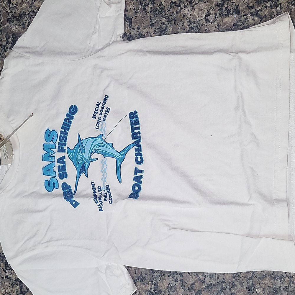 Field Gear boys NWT size 7 white SAms Deep Sea Fishing in blue 100% cotton shark